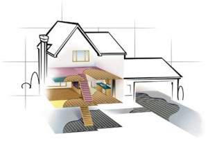 Illustration showing radiant heating system in a home. 