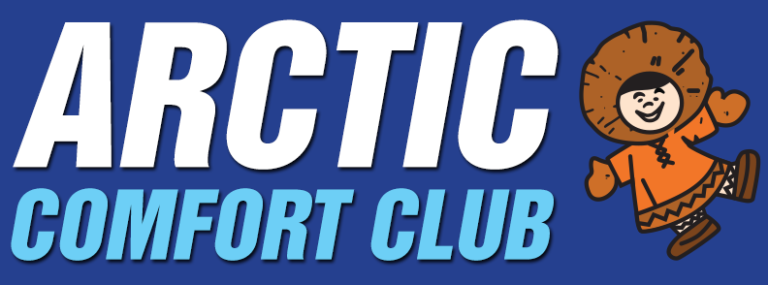 "Arctic Comfort Club" on dark blue background, with mascot on right side.