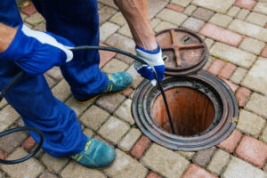 worker cleaning a clogged sewer with hydro jetting