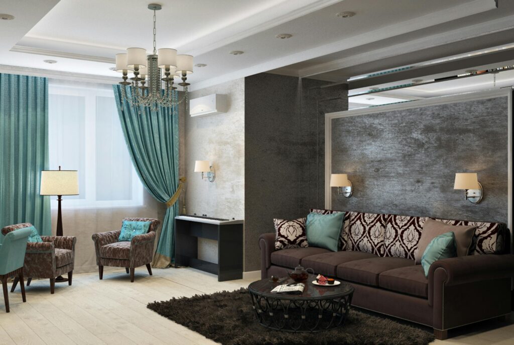 living room with green curtains and dark couch